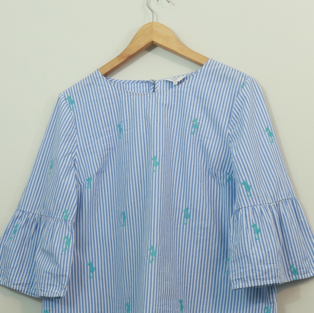Crown & Ivy Cotton Striped Seahorse Embroidered Top - Picture 2 of 9